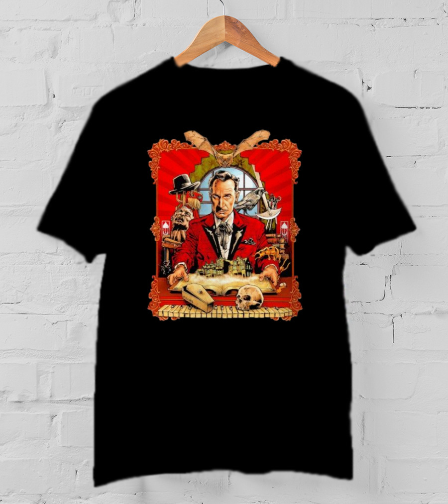 Vincent Price Red Suit Macabre Collection With Bats, Skulls, And Haunted Mansion T-Shirt
