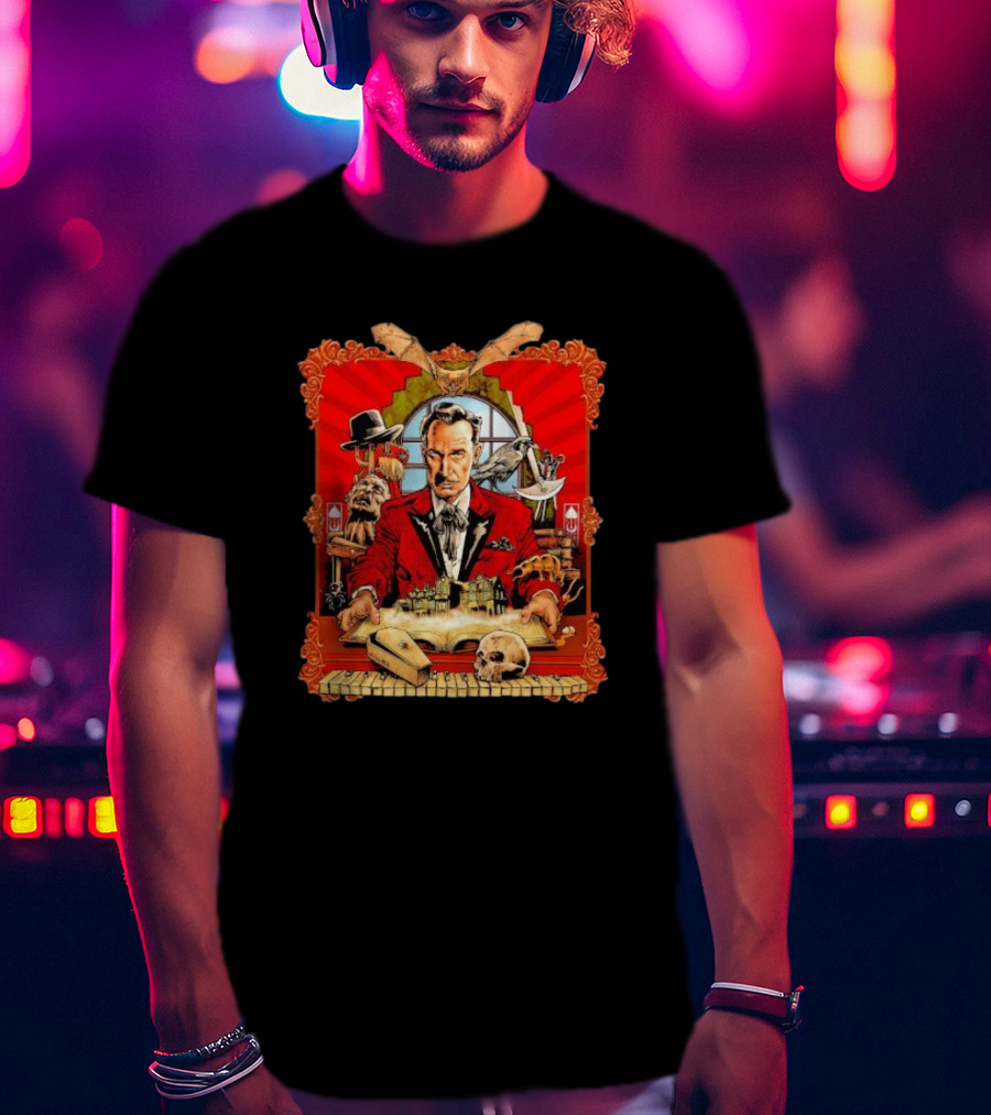 Vincent Price Red Suit Macabre Collection With Bats, Skulls, And Haunted Mansion T-Shirt