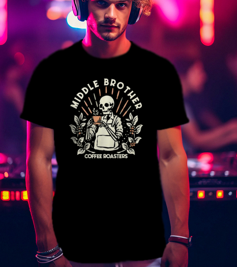 Middle Brother Coffee Roasters Skeleton Barista Holding Coffee Cup T-Shirt