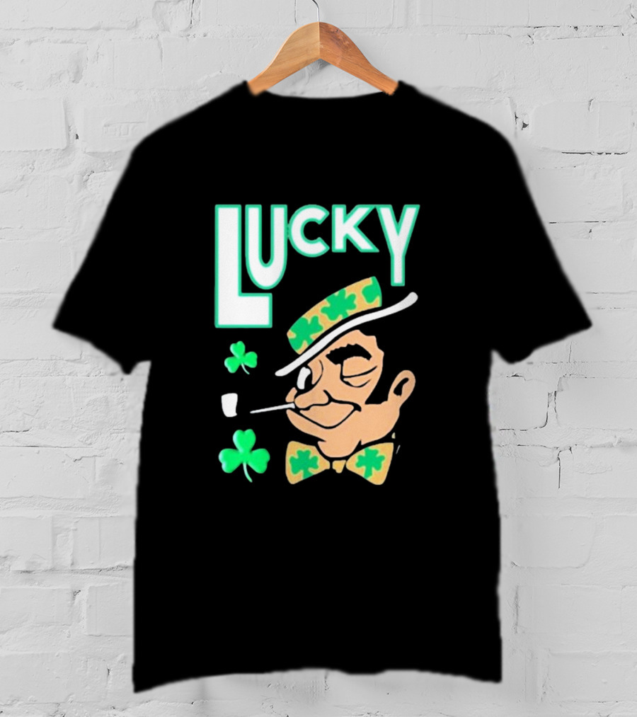Boston Celtics Lucky The Leprechaun Shamrock Winking Pipe T-Shirt