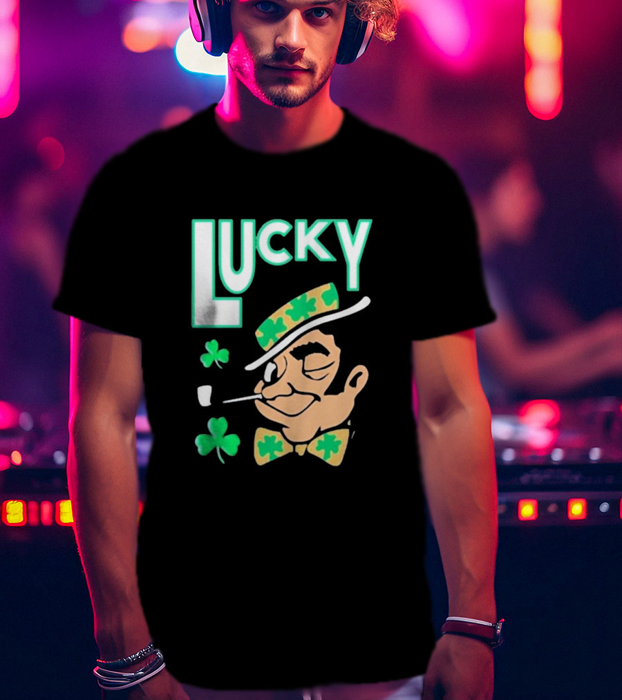 Boston Celtics Lucky The Leprechaun Shamrock Winking Pipe T-Shirt