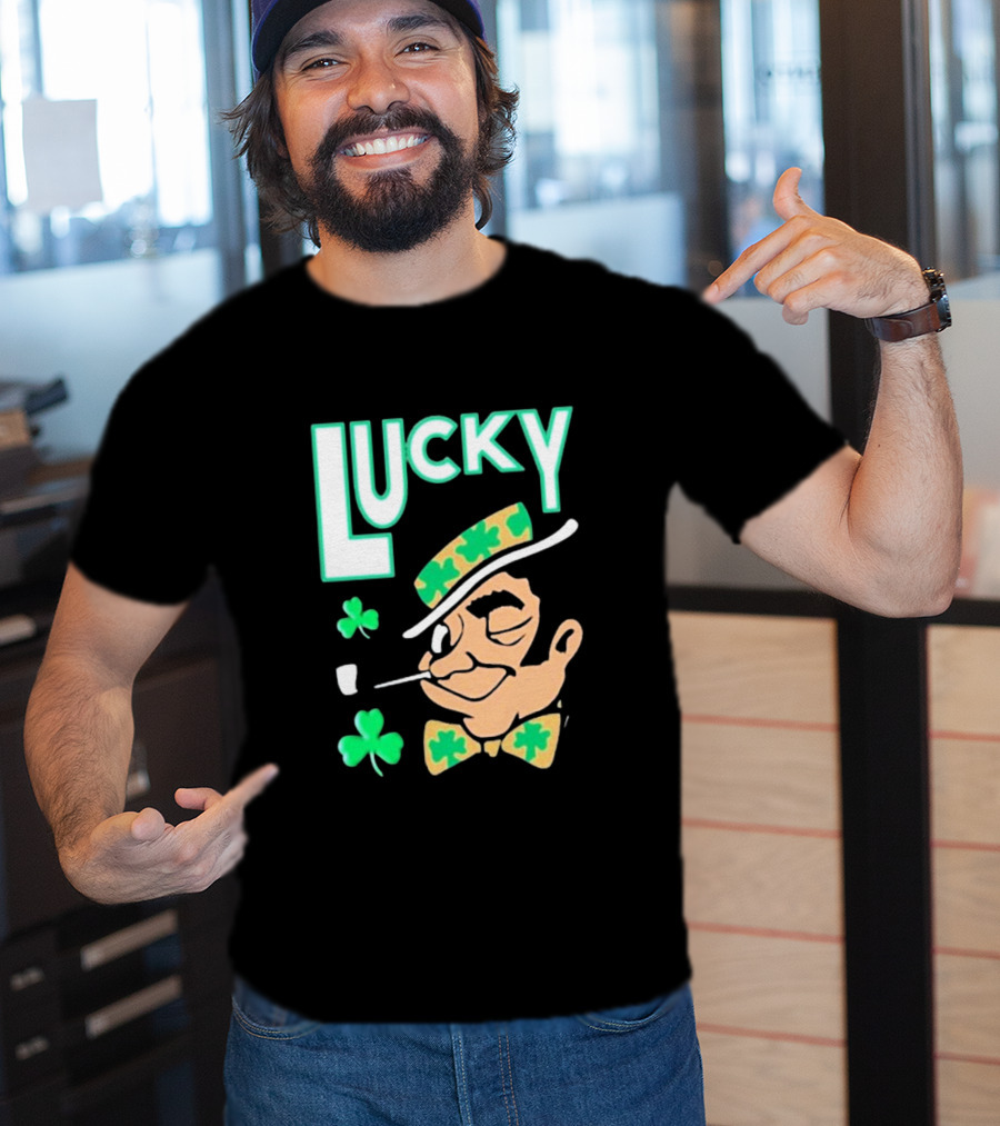 Boston Celtics Lucky The Leprechaun Shamrock Winking Pipe T-Shirt