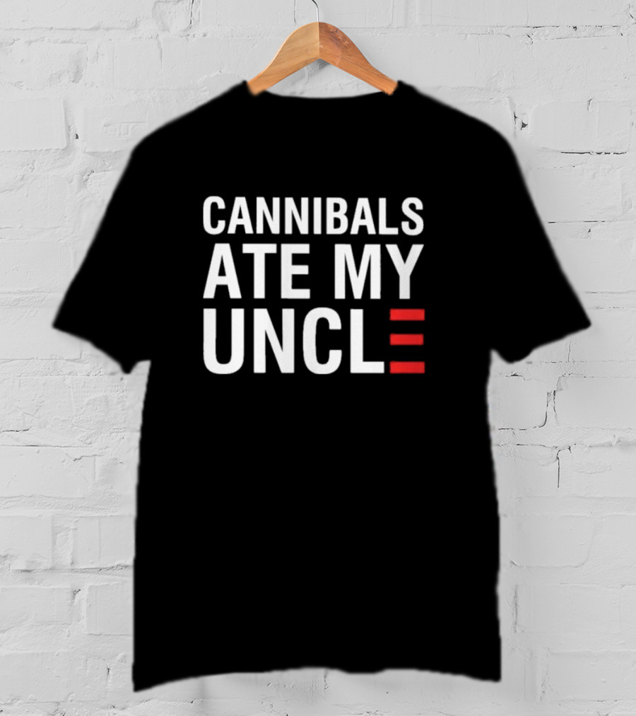 Cannibals Ate My Uncle White Text Red Stripes T-Shirt