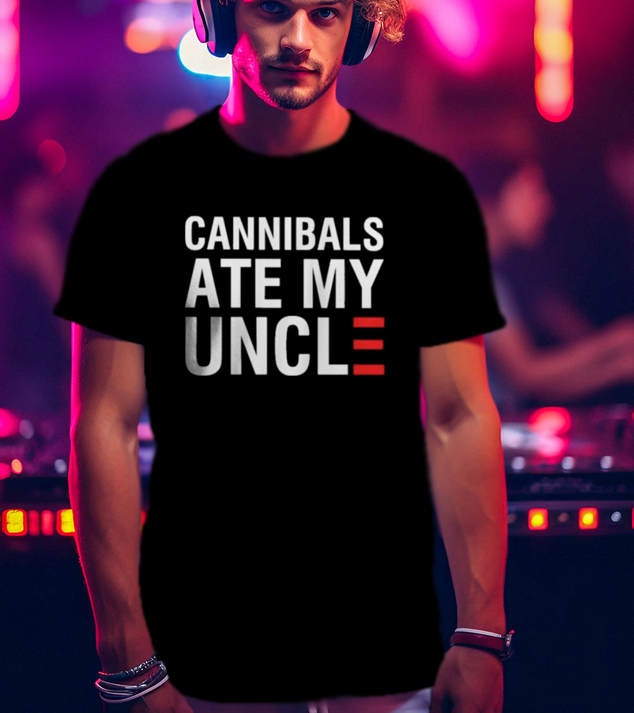 Cannibals Ate My Uncle White Text Red Stripes T-Shirt