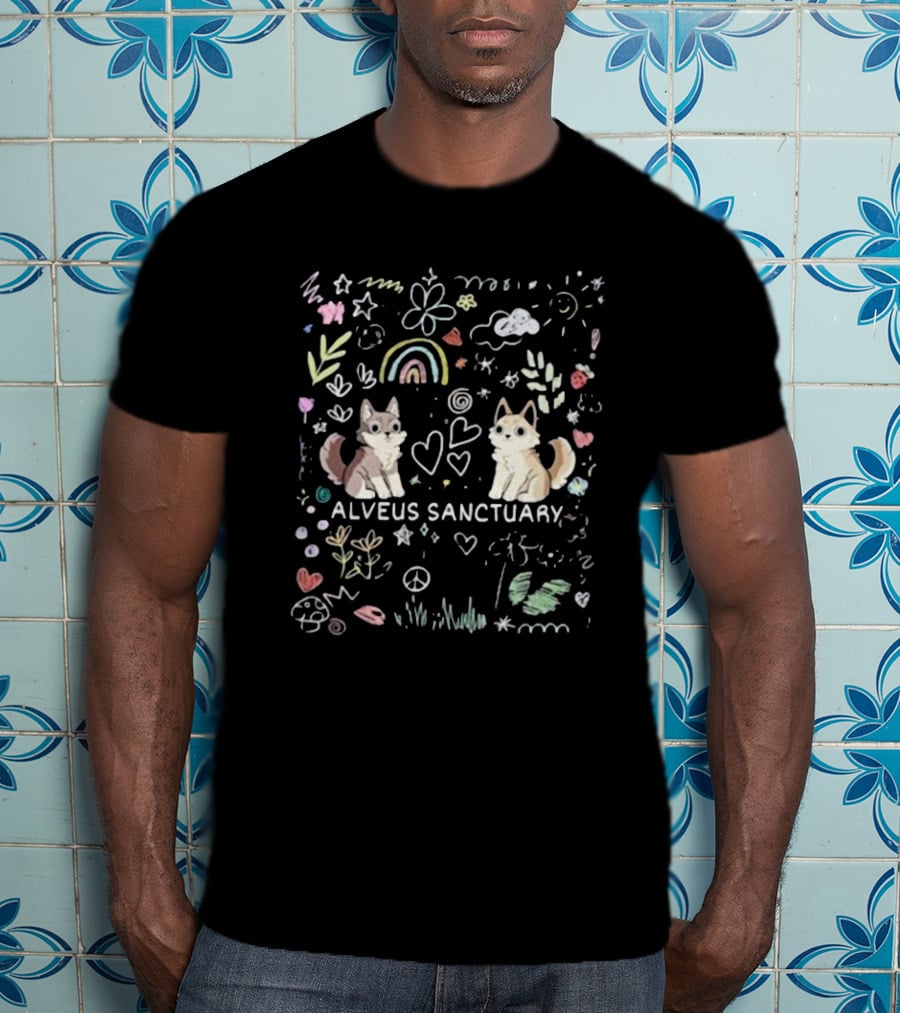 Alveus Sanctuary Wolf Doodle Rainbow Hearts Peace Signs Clouds Stars T-Shirt