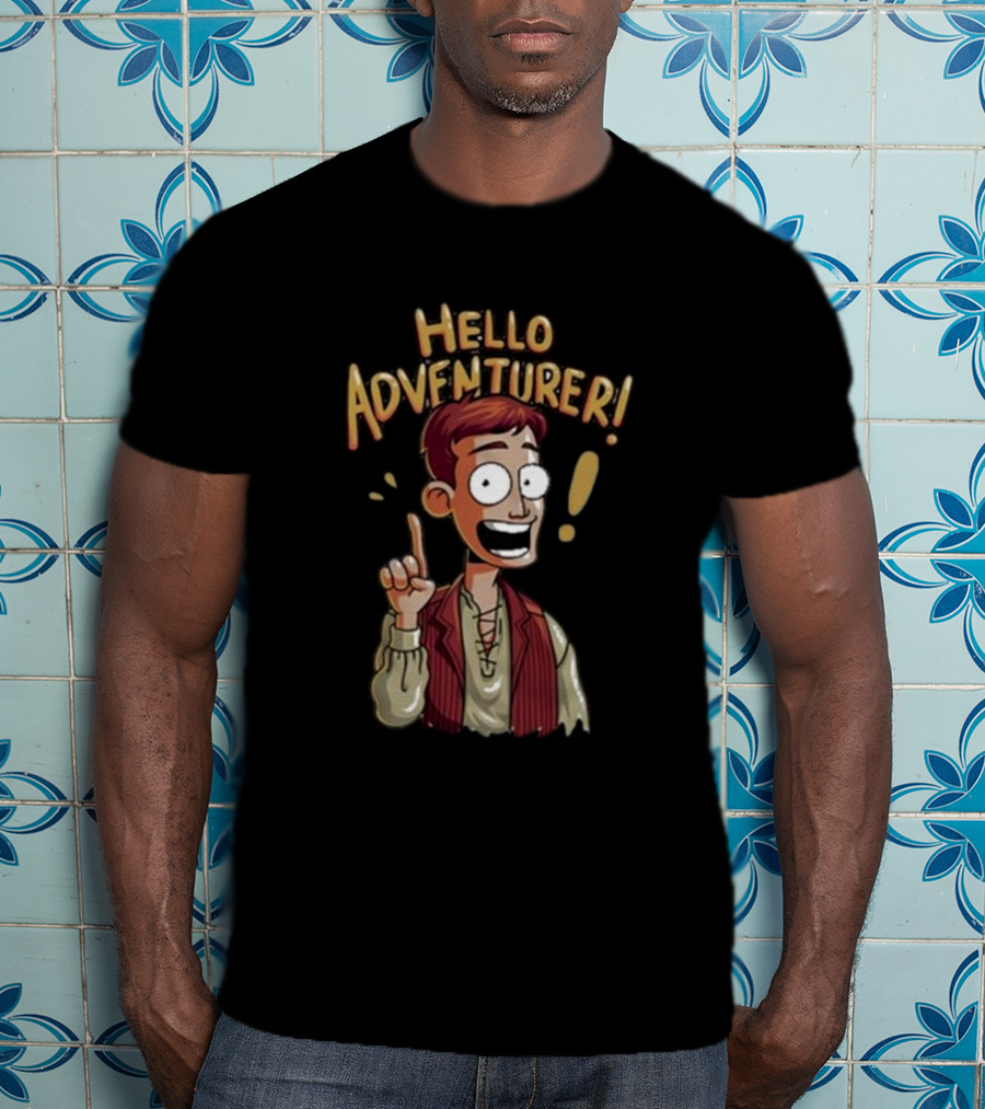 Hello Adventurer Enthusiastic Cartoon Character With Exclamation Point T-Shirt