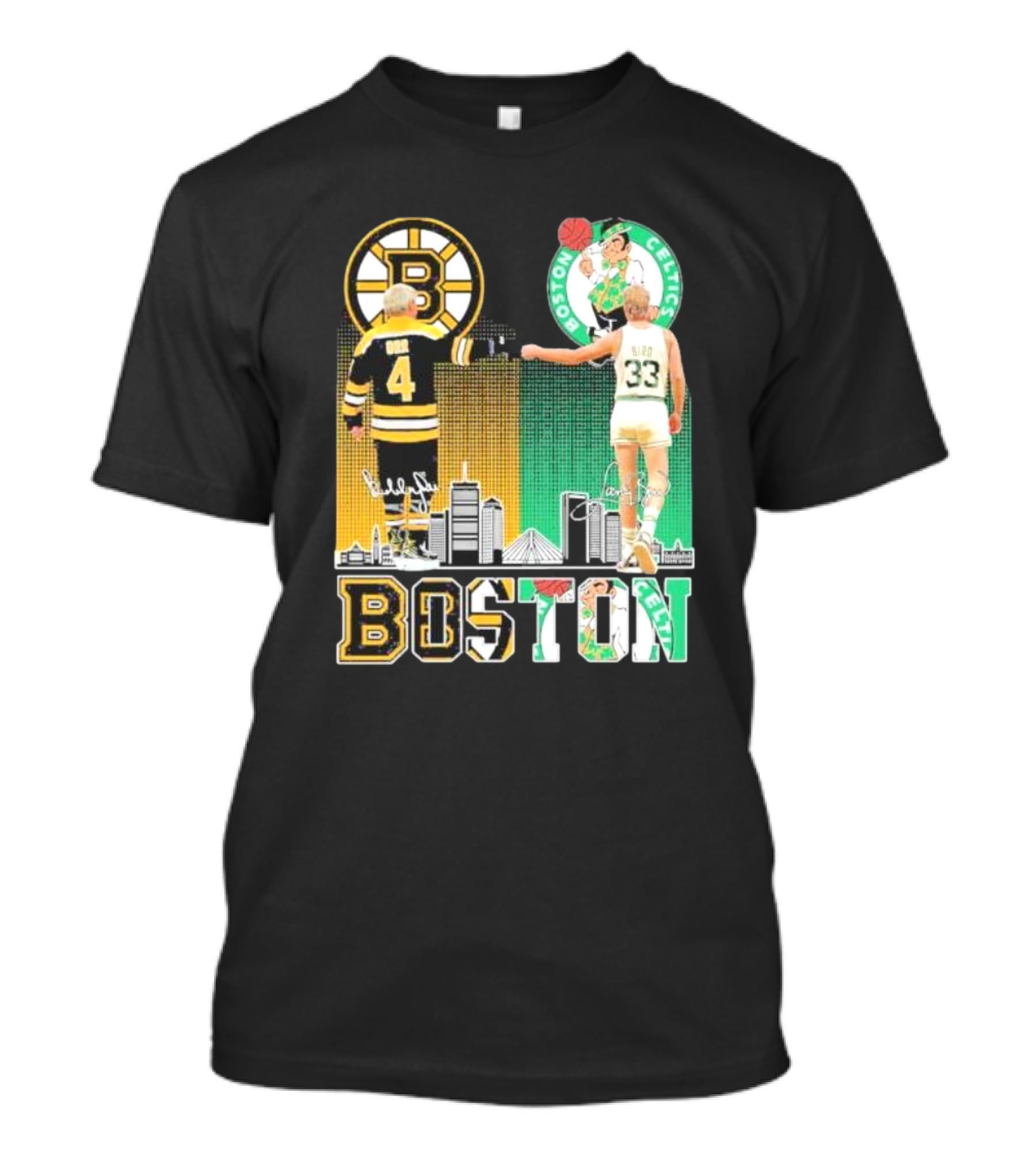 Bobby Orr Boston Bruins Larry Bird Boston Celtics Skyline Signatures Logos And Boston Text T-Shirt