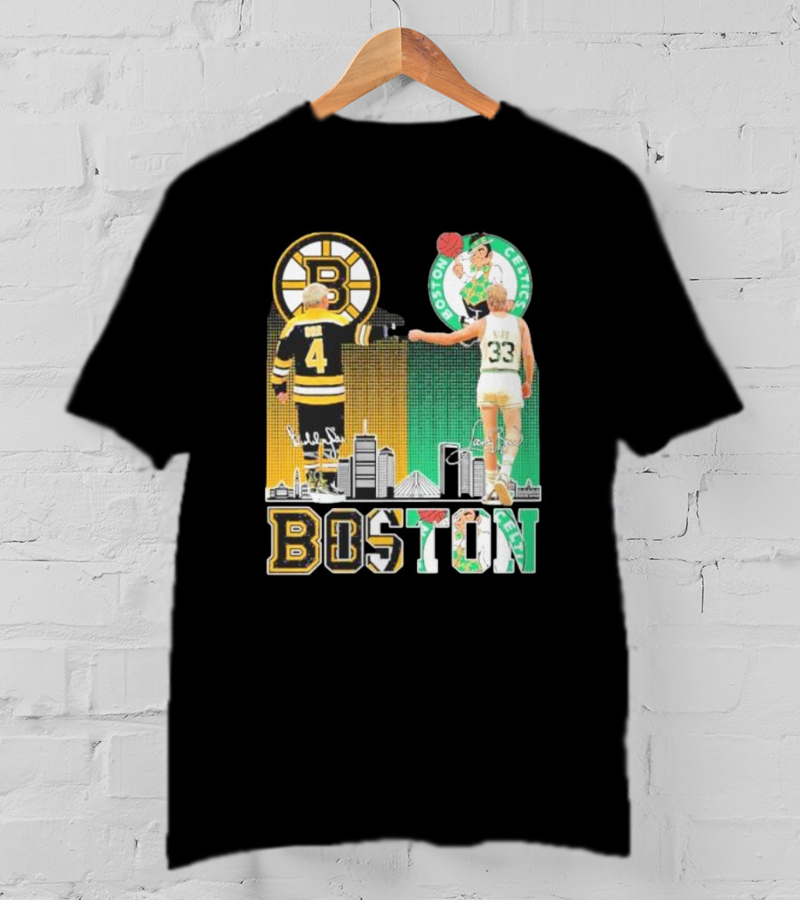 Bobby Orr Boston Bruins Larry Bird Boston Celtics Skyline Signatures Logos And Boston Text T-Shirt