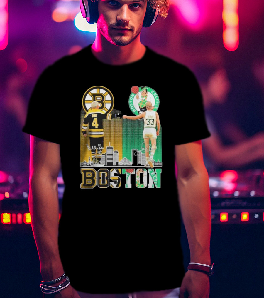 Bobby Orr Boston Bruins Larry Bird Boston Celtics Skyline Signatures Logos And Boston Text T-Shirt