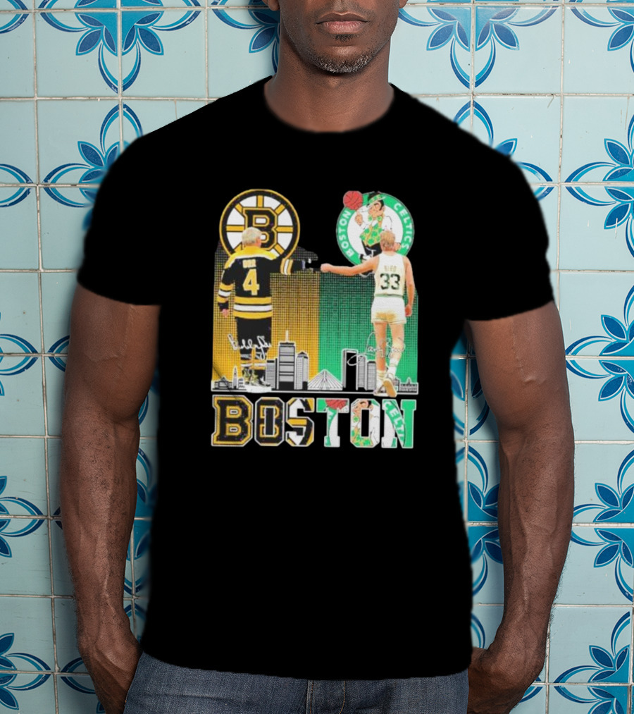 Bobby Orr Boston Bruins Larry Bird Boston Celtics Skyline Signatures Logos And Boston Text T-Shirt