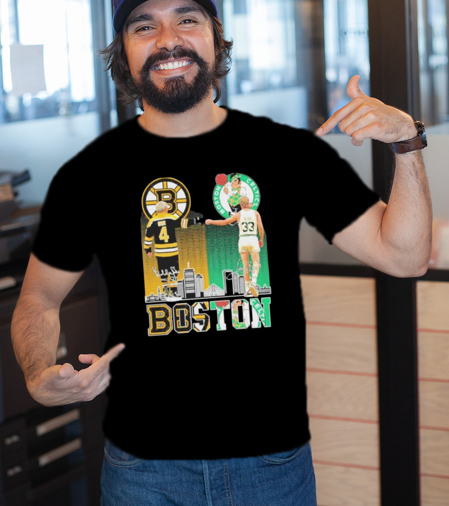 Bobby Orr Boston Bruins Larry Bird Boston Celtics Skyline Signatures Logos And Boston Text T-Shirt