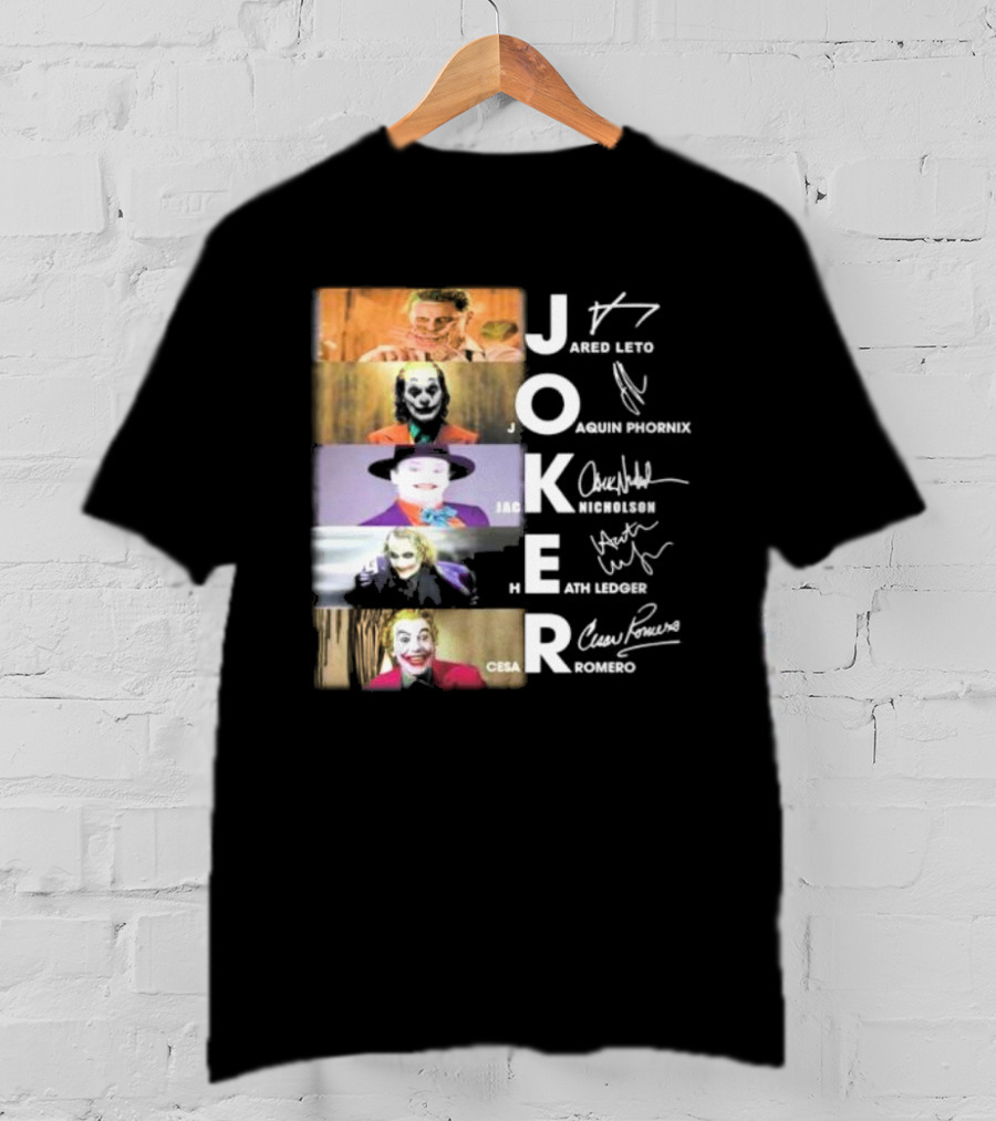 Joker Jared Leto Joaquin Phoenix Jack Nicholson Heath Ledger Cesar Romero Signatures DC Comics Movies All Stars Eras T-Shirt