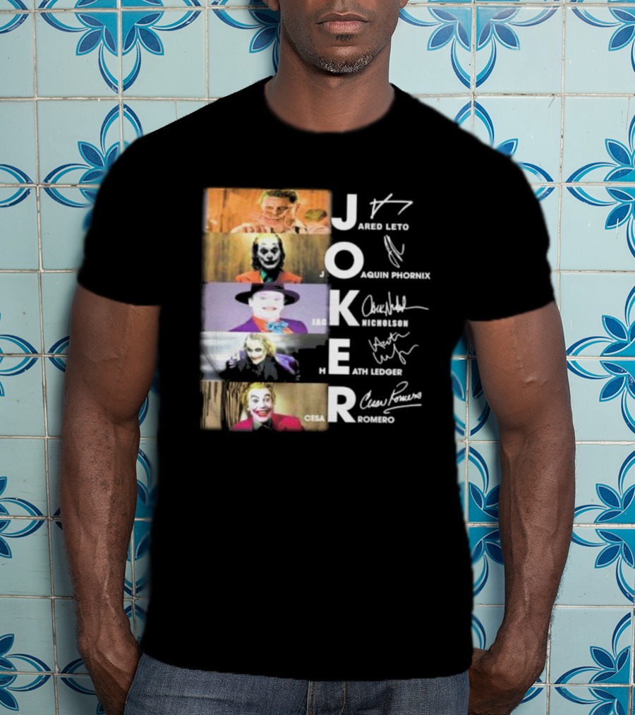 Joker Jared Leto Joaquin Phoenix Jack Nicholson Heath Ledger Cesar Romero Signatures DC Comics Movies All Stars Eras T-Shirt