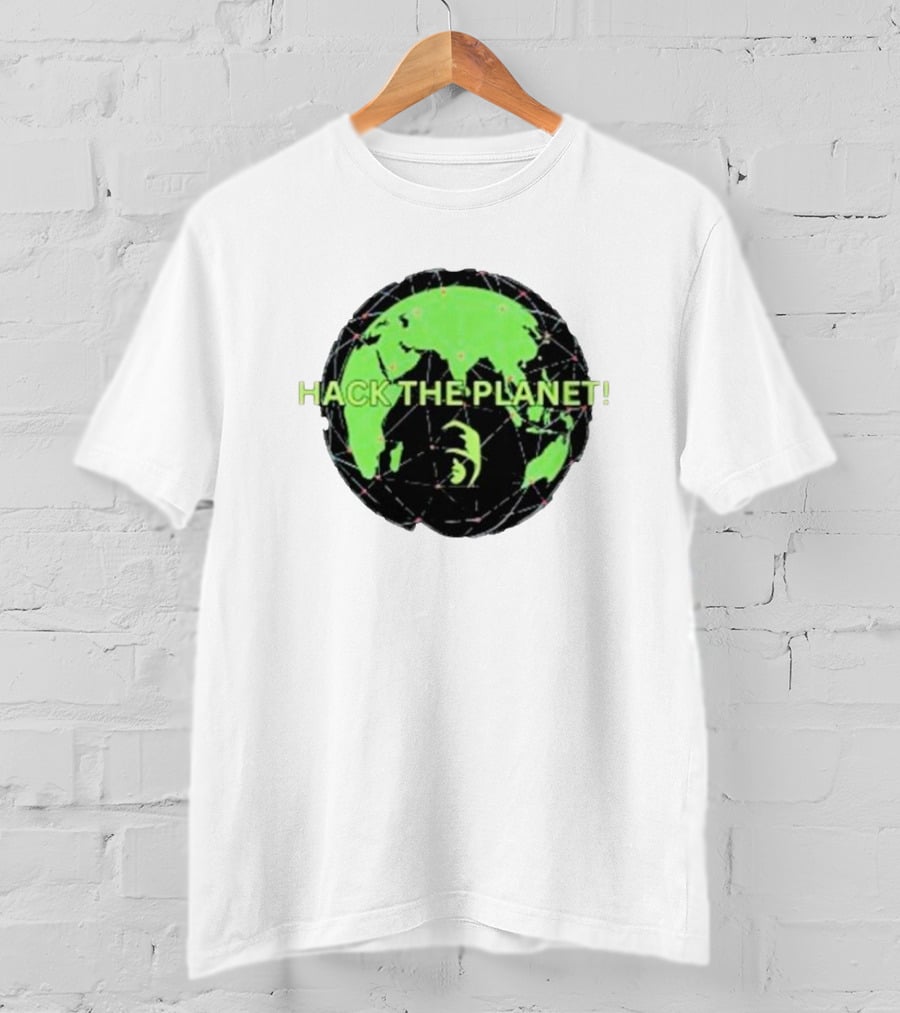 Hack The Planet Green And Black Globe Motif T-Shirt