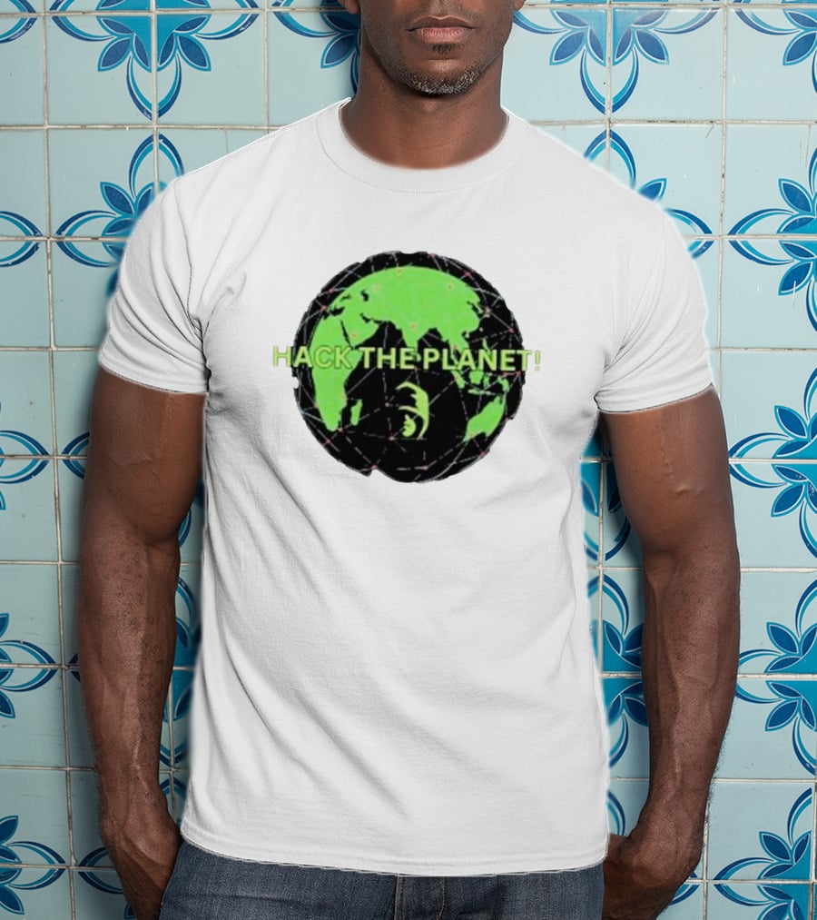 Hack The Planet Green And Black Globe Motif T-Shirt