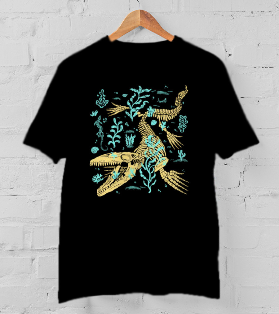 Mosasaurus Fossils Fitas Underwater Skeleton And Seaweed Scene T-Shirt