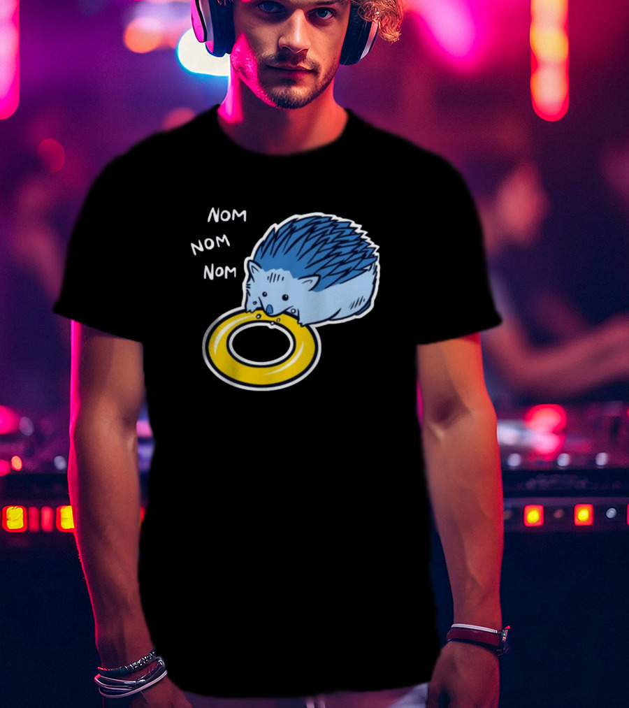 Sam Logan Hungry Blue Hedgehog Nom Nom Nom Eating Yellow Ring T-Shirt