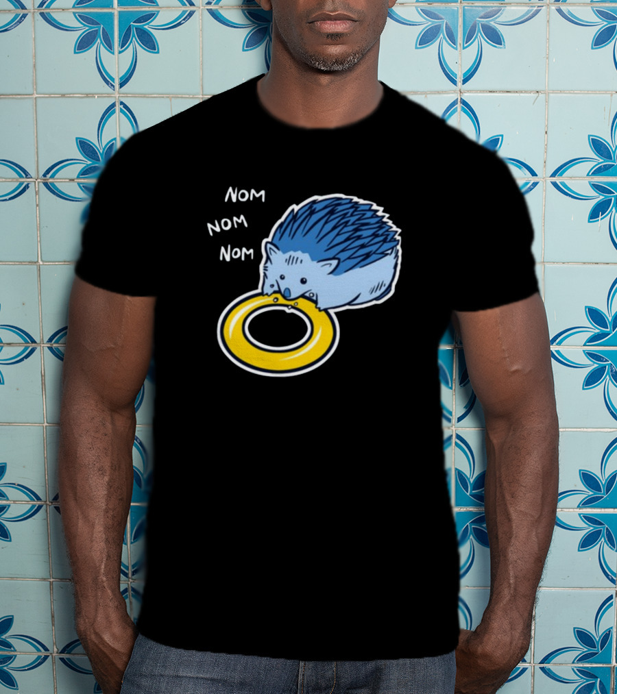 Sam Logan Hungry Blue Hedgehog Nom Nom Nom Eating Yellow Ring T-Shirt