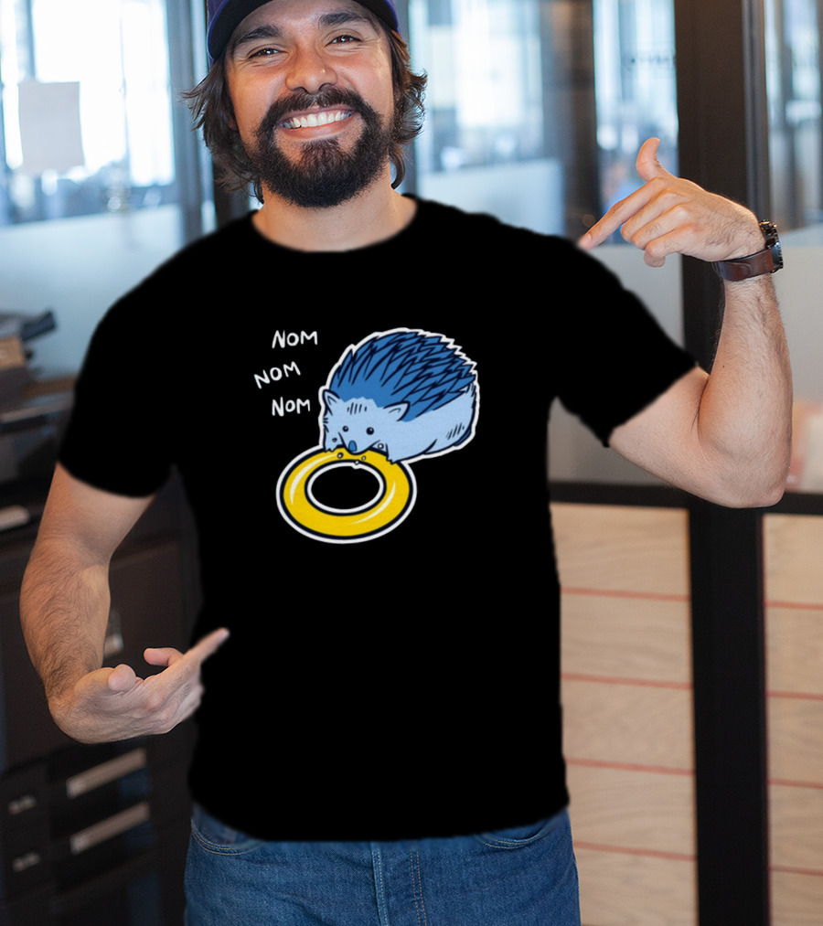 Sam Logan Hungry Blue Hedgehog Nom Nom Nom Eating Yellow Ring T-Shirt