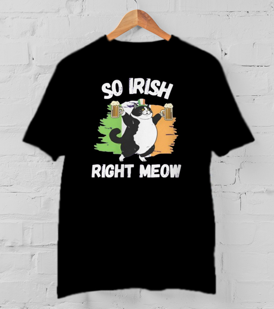 So Irish Right Meow Cat Holding Beer With Irish Flag In Background T-Shirt