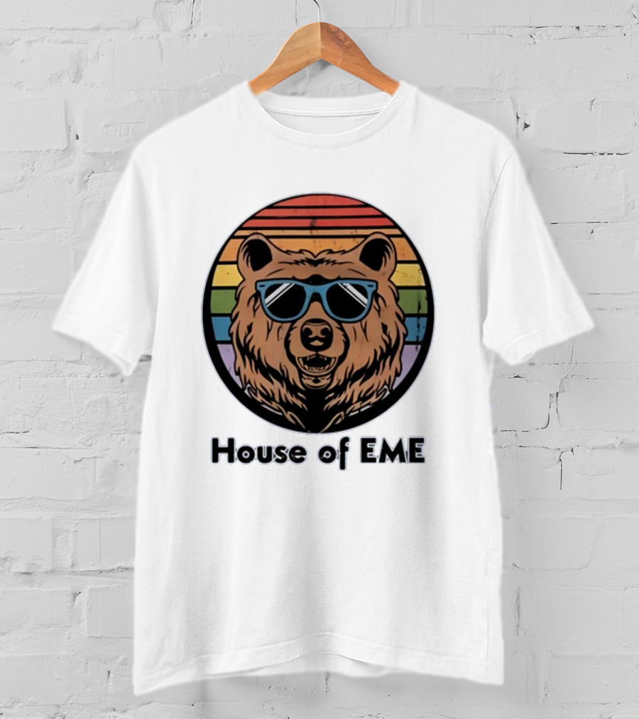 Migs Santillan House Of EME Bear Logo Sunglasses Rainbow Background T-Shirt