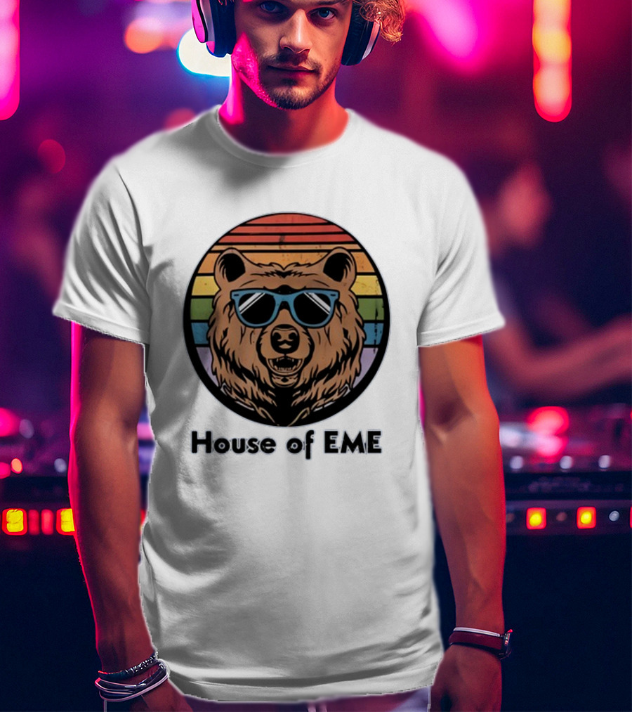 Migs Santillan House Of EME Bear Logo Sunglasses Rainbow Background T-Shirt