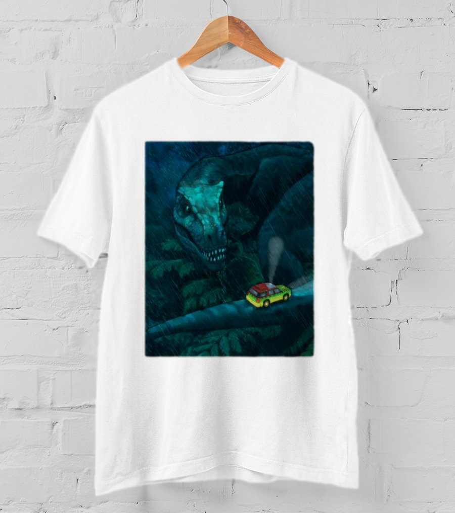 Jurassic Park T-Rex And SUV Night Scene Rainy Adventure T-Shirt