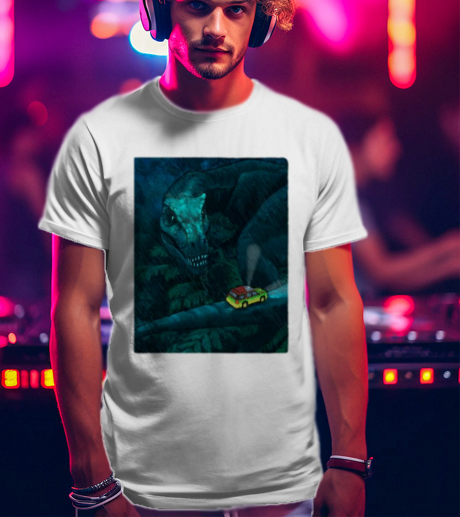 Jurassic Park T-Rex And SUV Night Scene Rainy Adventure T-Shirt