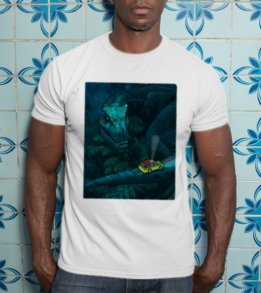 Jurassic Park T-Rex And SUV Night Scene Rainy Adventure T-Shirt