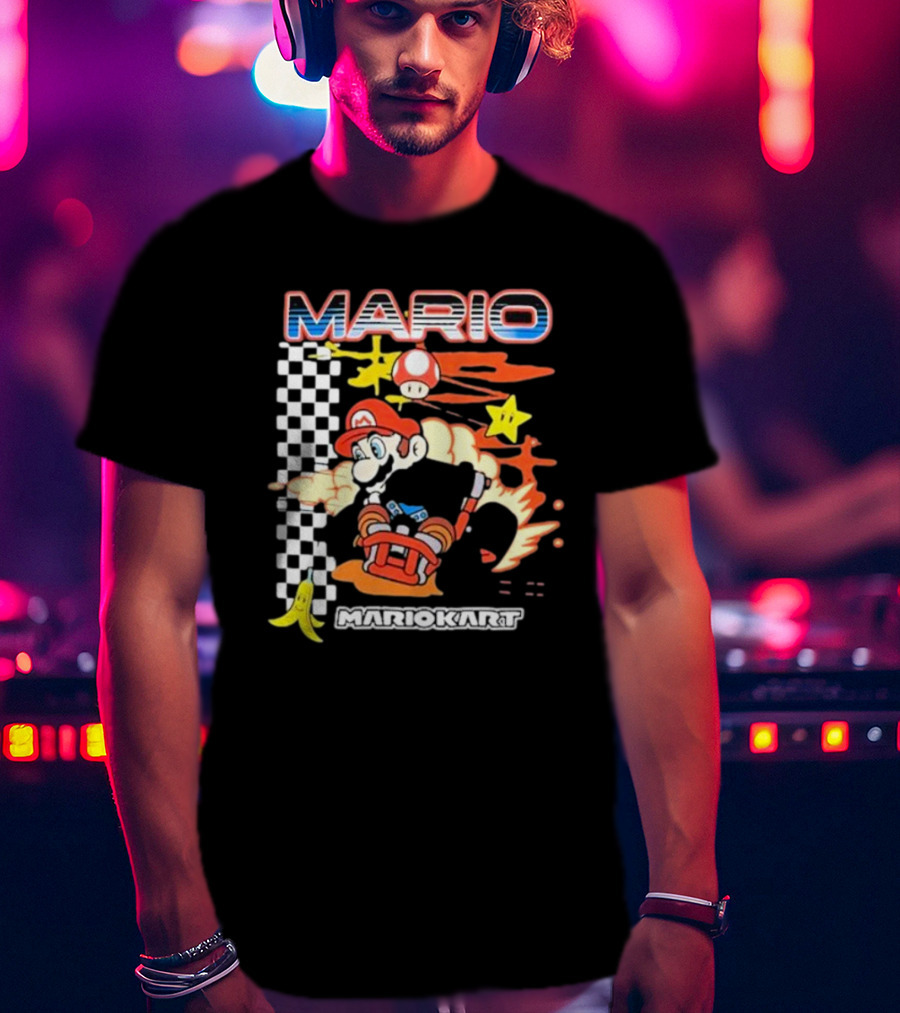 Mario Kart Racing Finish Line Checkered Flag Banana Stars T-Shirt