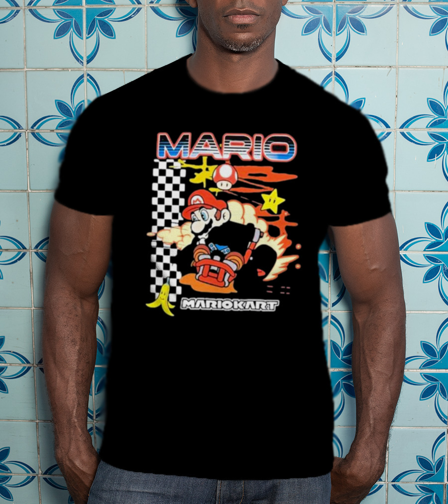 Mario Kart Racing Finish Line Checkered Flag Banana Stars T-Shirt