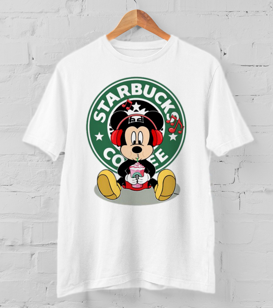 Mickey Mouse Listening To Music With Starbucks Coffee Cup T-Shirt