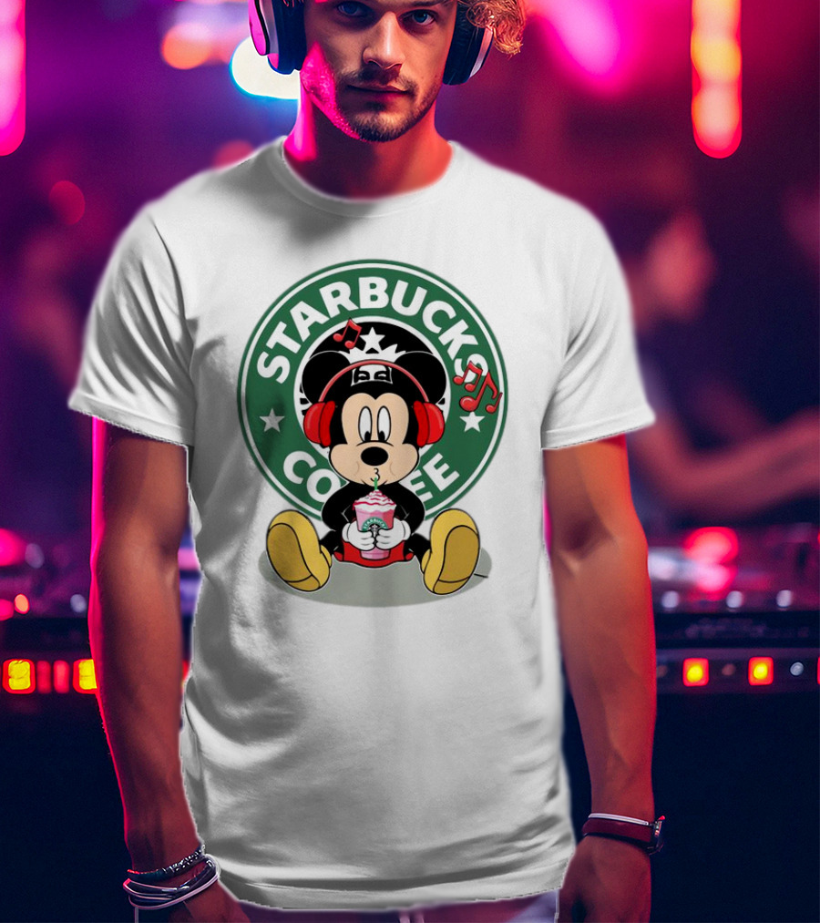 Mickey Mouse Listening To Music With Starbucks Coffee Cup T-Shirt