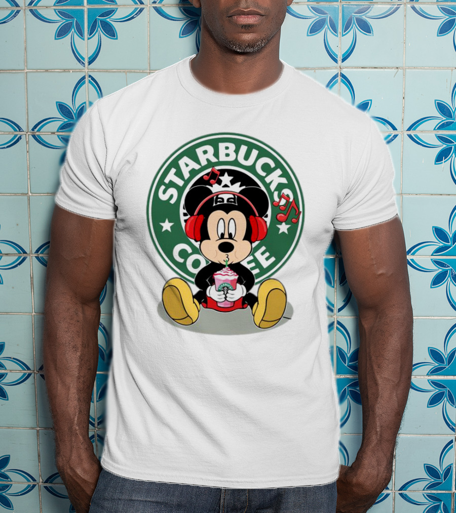 Mickey Mouse Listening To Music With Starbucks Coffee Cup T-Shirt