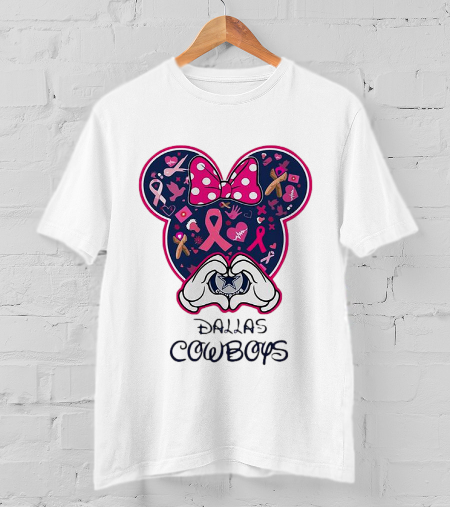 Minnie Mouse Pink Ribbon Heart Hands Dallas Cowboys Breast Cancer Awareness T-Shirt