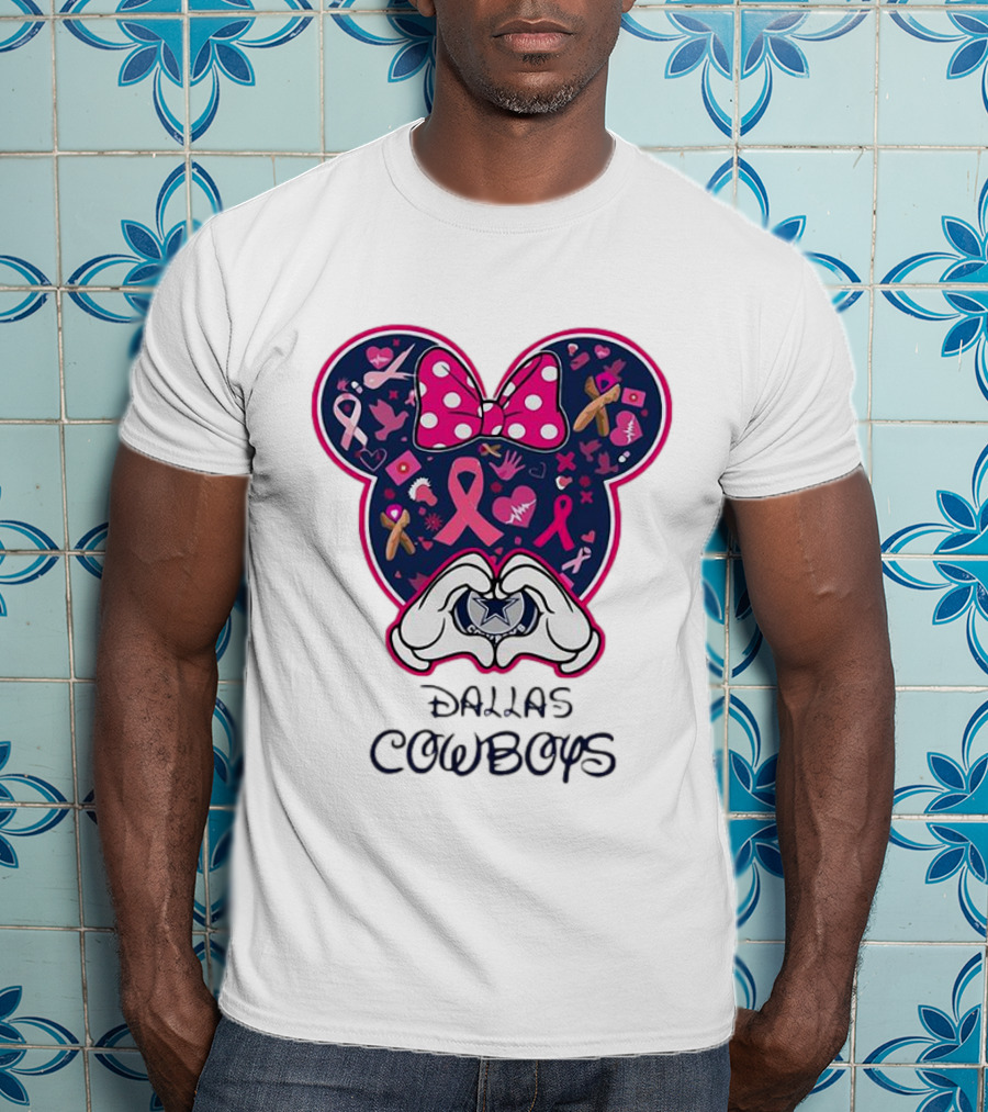 Minnie Mouse Pink Ribbon Heart Hands Dallas Cowboys Breast Cancer Awareness T-Shirt