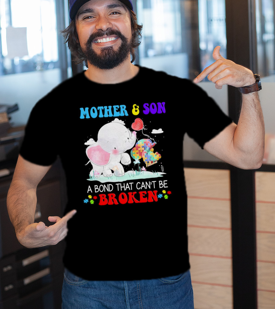 Mother And Son Elephants Autism Puzzle Heart A Bond That Can't Be Broken T-Shirt