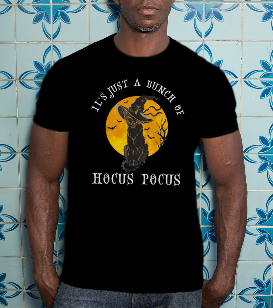 It's Just A Bunch Of Hocus Pocus Halloween Black Cat And Witch Hat With Full Moon T-Shirt