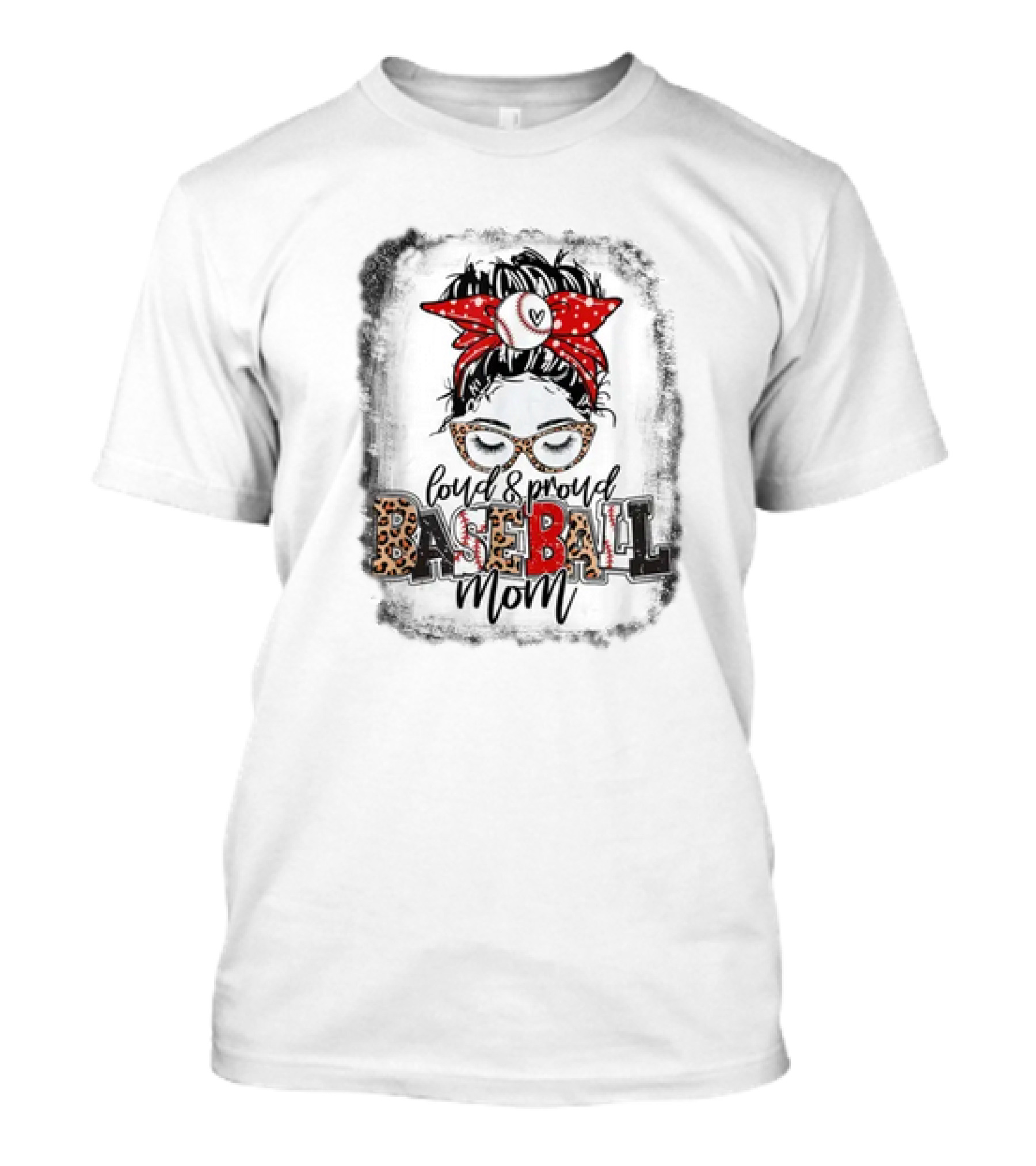 Loud Proud Baseball Mom Life Messy Bun Leopard Glasses Red Bandana T-Shirt