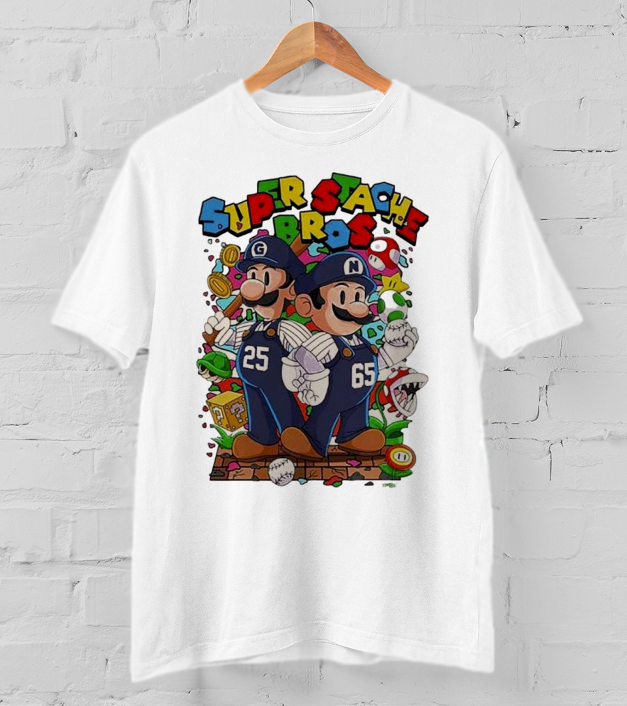 Super Stache Bros Numbers 25 And 65 Baseball Mario T-Shirt
