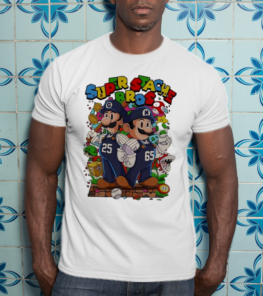 Super Stache Bros Numbers 25 And 65 Baseball Mario T-Shirt