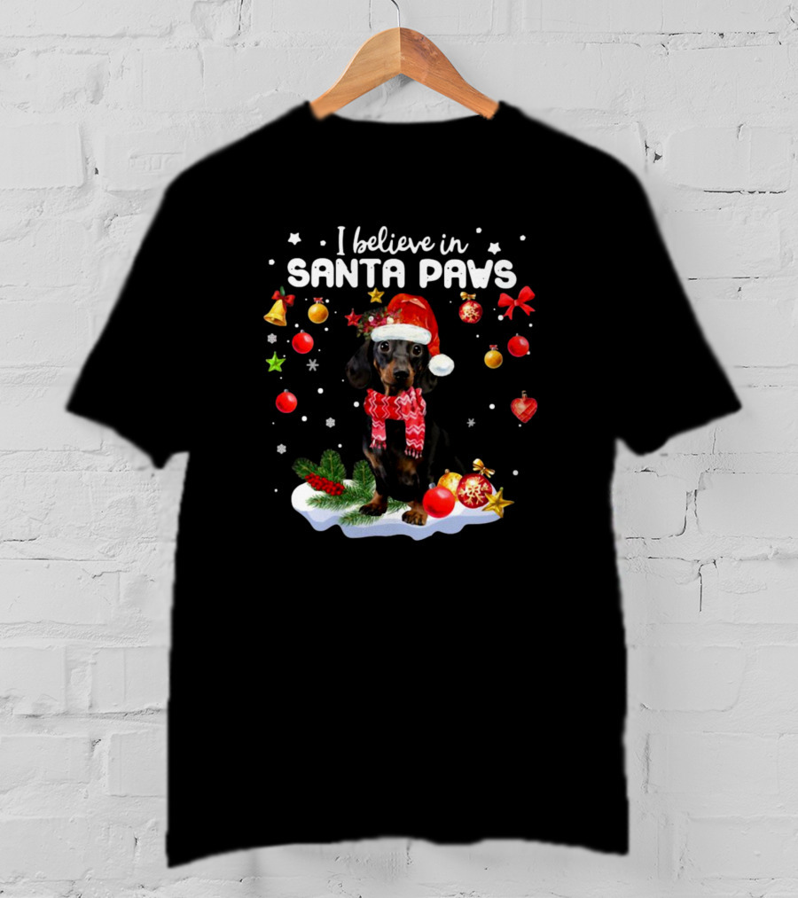 I Believe In Santa Paws Dachshund Merry Christmas T-Shirt