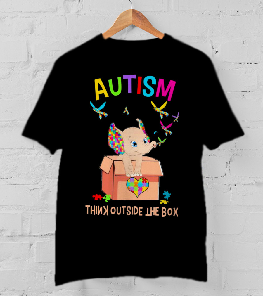 AUTISM Think Outside The Box Elephant With Puzzle Pieces And Butterflies T-Shirt