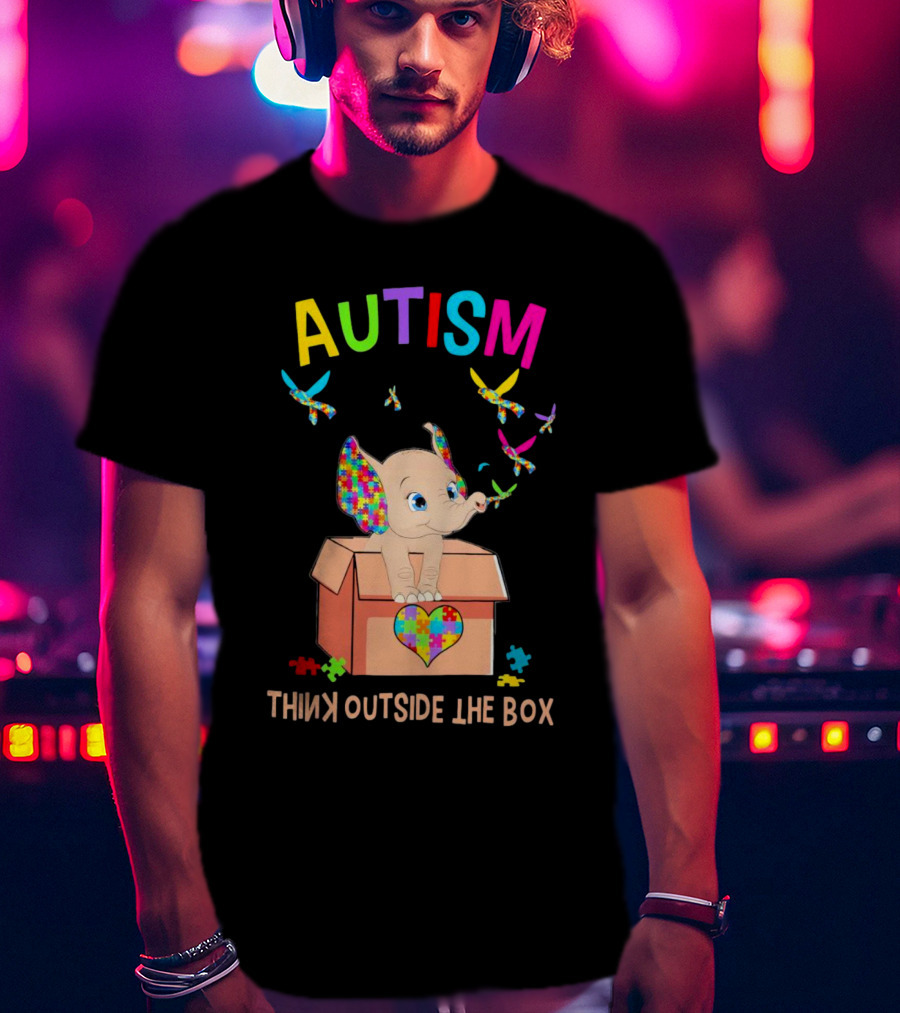 AUTISM Think Outside The Box Elephant With Puzzle Pieces And Butterflies T-Shirt