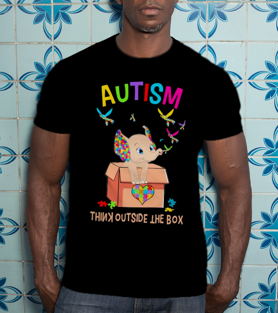 AUTISM Think Outside The Box Elephant With Puzzle Pieces And Butterflies T-Shirt