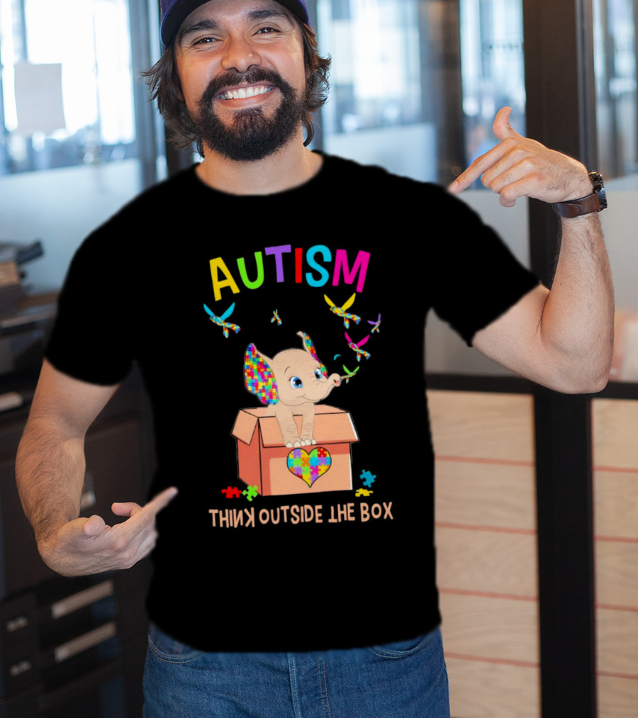 AUTISM Think Outside The Box Elephant With Puzzle Pieces And Butterflies T-Shirt