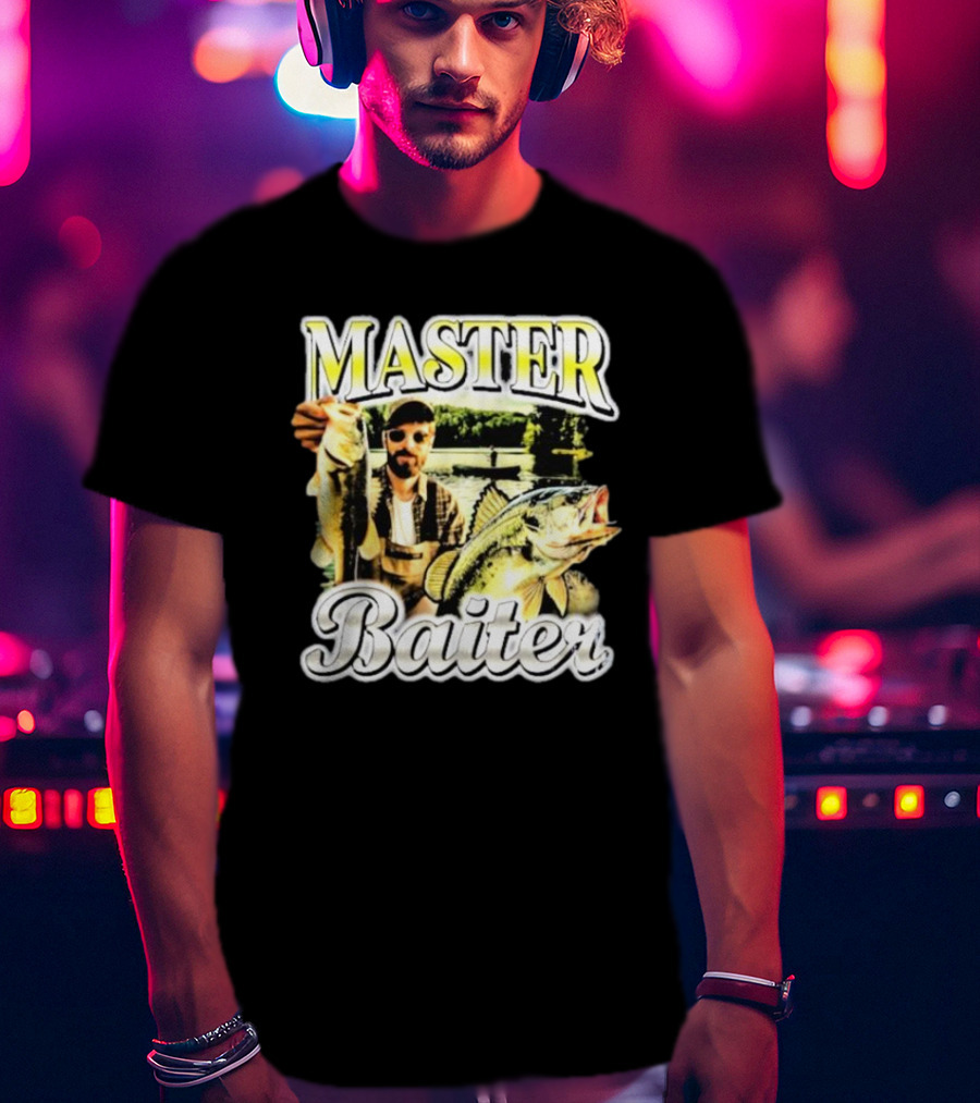 MASTER BAITER Fisherman Holding Fish In Lake Scene T-Shirt