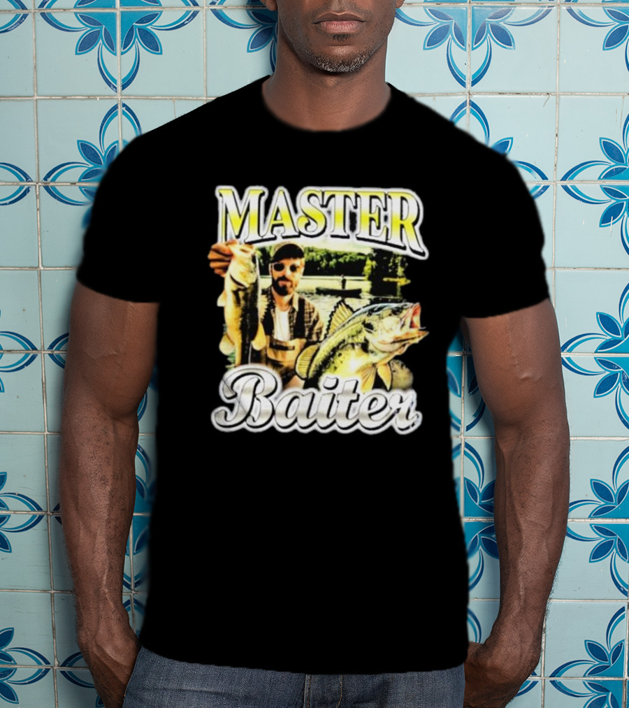 MASTER BAITER Fisherman Holding Fish In Lake Scene T-Shirt