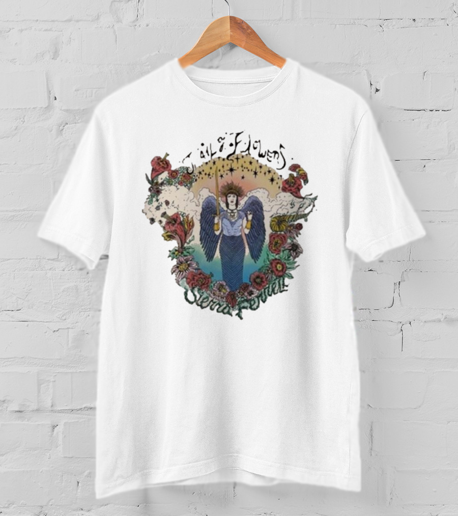 Sierra Ferrell Trail Of Flowers Angelic Winged Figure Surrounded By Floral Frame T-Shirt
