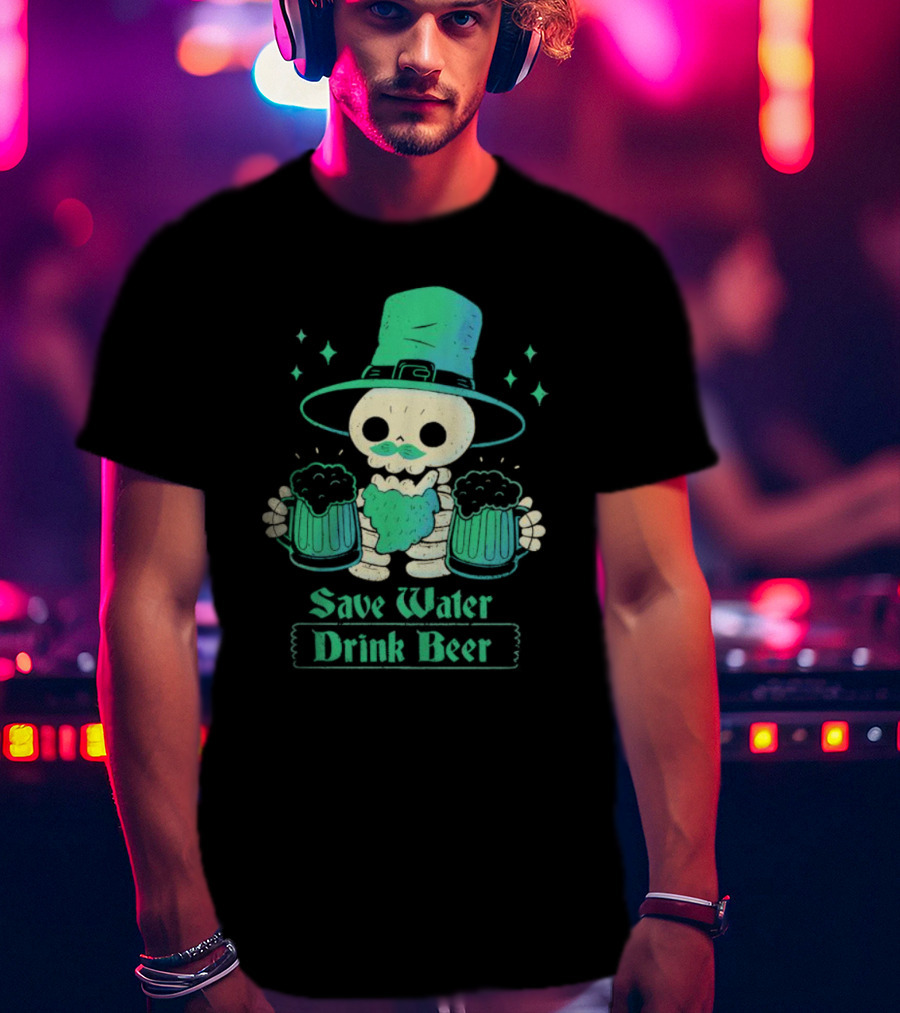Save Water Drink Beer Happy Patrick Day Skeleton Leprechaun With Mugs T-Shirt